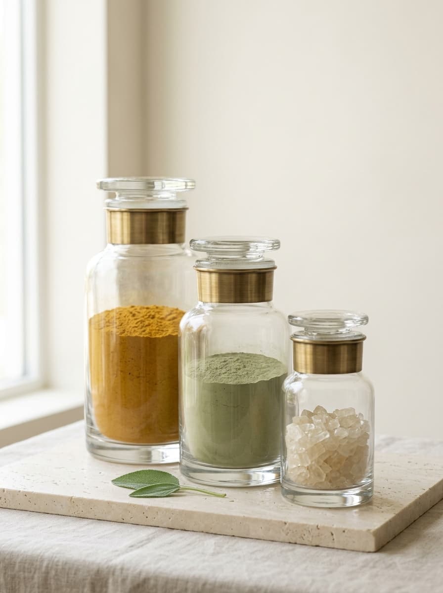 Glass apothecary jars holding standardised botanical extracts on pale stone